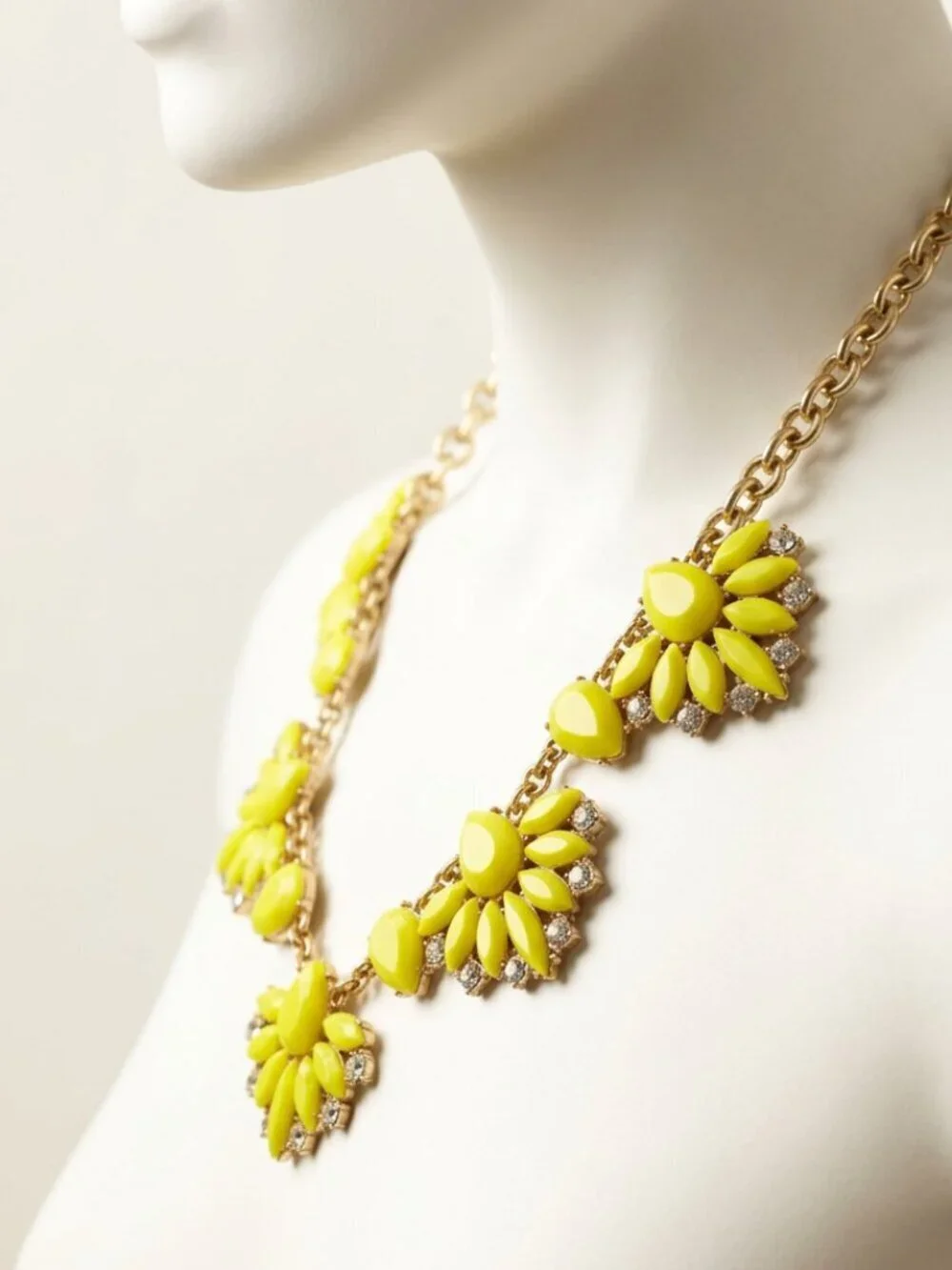 NWT J.Crew Chartreuse Yellow Floral Statement Necklace - Crystal Accents